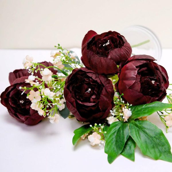 Accent Flowers |   10 Pack 3″ Burgundy Artificial Silk DIY Craft Peony Flower Heads Accent Flowers Accent Flowers