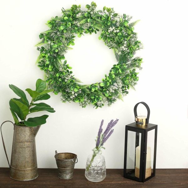 Accent Flowers |   2 Pack 22″ White Green Artificial Lifelike Boxwood Fern Mix Spring Wreaths Accent Flowers Accent Flowers