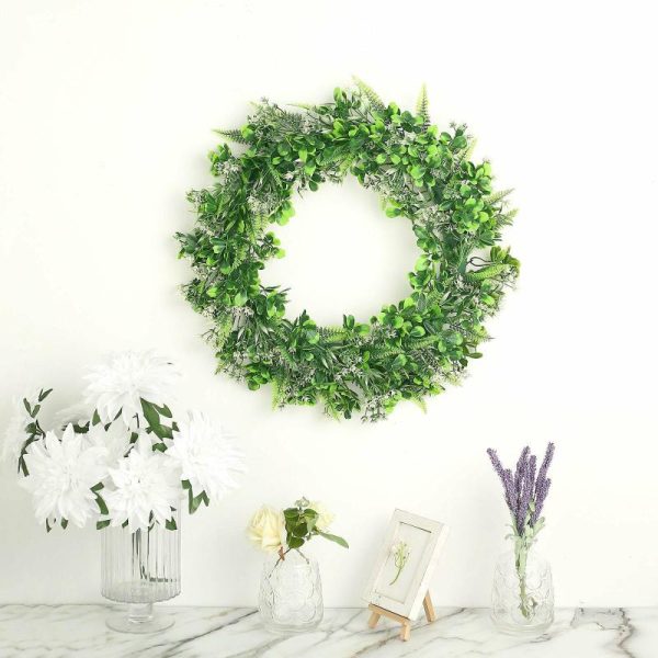 Accent Flowers |   2 Pack 22″ White Green Artificial Lifelike Boxwood Fern Mix Spring Wreaths Accent Flowers Accent Flowers