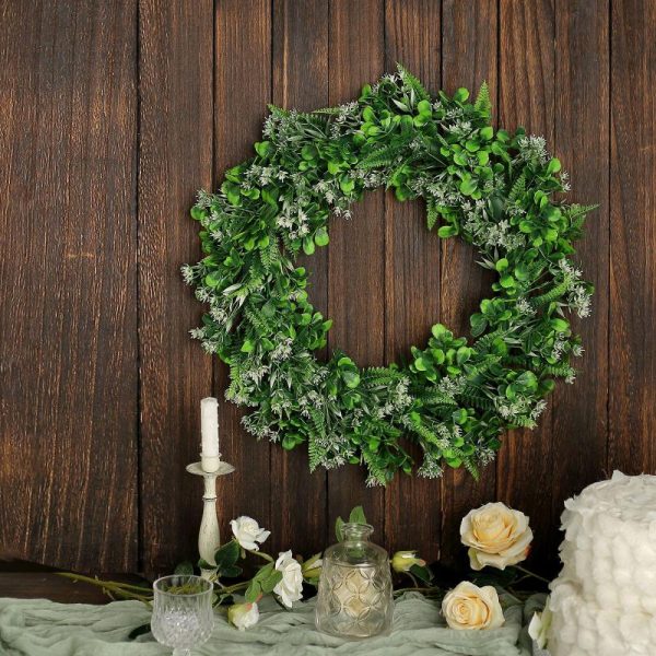 Accent Flowers |   2 Pack 22″ White Green Artificial Lifelike Boxwood Fern Mix Spring Wreaths Accent Flowers Accent Flowers