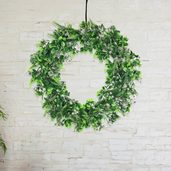 Accent Flowers |   2 Pack 22″ White Green Artificial Lifelike Boxwood Fern Mix Spring Wreaths Accent Flowers Accent Flowers