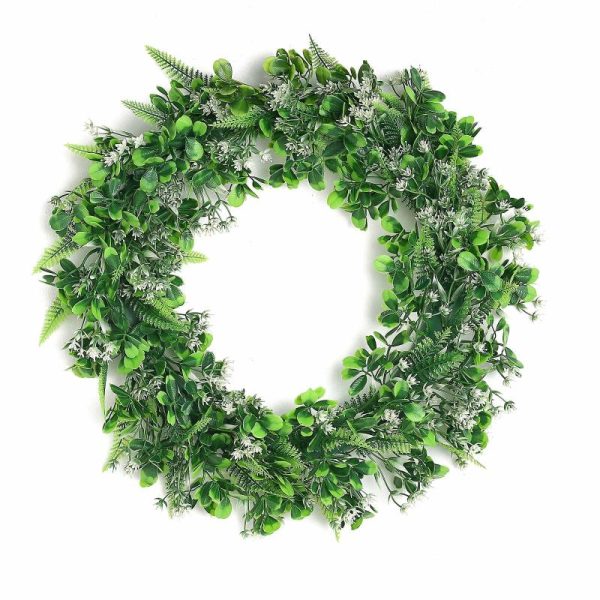 Accent Flowers |   2 Pack 22″ White Green Artificial Lifelike Boxwood Fern Mix Spring Wreaths Accent Flowers Accent Flowers