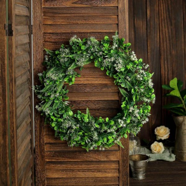 Accent Flowers |   2 Pack 22″ White Green Artificial Lifelike Boxwood Fern Mix Spring Wreaths Accent Flowers Accent Flowers