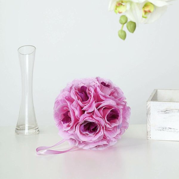 Accent Flowers |   2 Pack 7″ Lavender Lilac Artificial Silk Rose Kissing Ball, Flower Ball Accent Flowers Accent Flowers