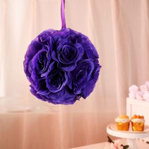 Accent Flowers |   2 Pack 7″ Purple Artificial Silk Rose Kissing Ball, Faux Flower Ball Accent Flowers Accent Flowers