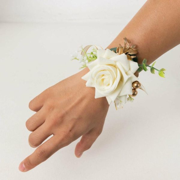 Accent Flowers |   2 Pack White Artificial Rose Wrist Corsages With Pearls, 4″ Flower Bracelet Wedding Accessories Accent Flowers Accent Flowers