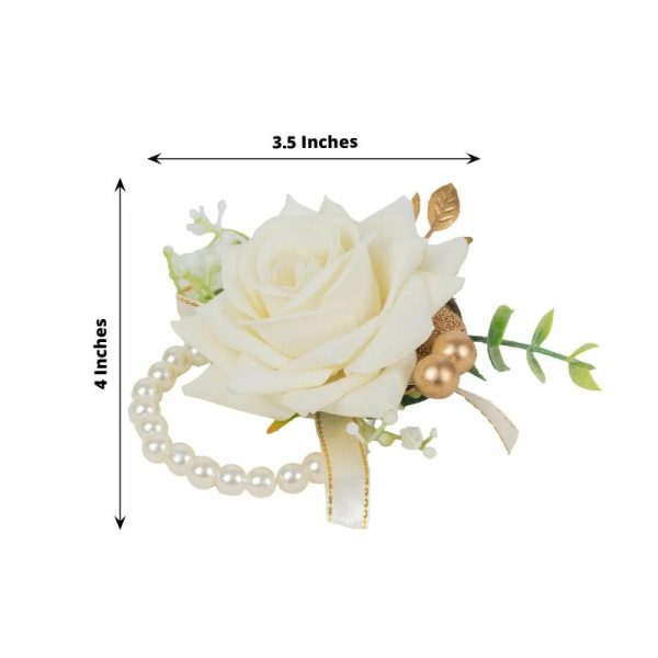 Accent Flowers |   2 Pack White Artificial Rose Wrist Corsages With Pearls, 4″ Flower Bracelet Wedding Accessories Accent Flowers Accent Flowers