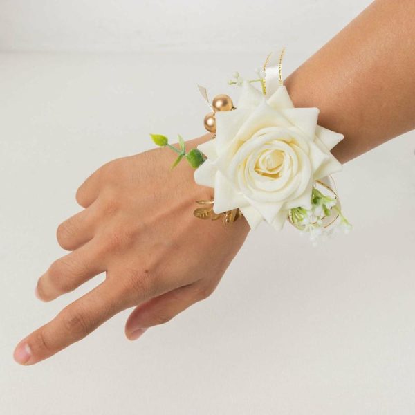 Accent Flowers |   2 Pack White Artificial Rose Wrist Corsages With Pearls, 4″ Flower Bracelet Wedding Accessories Accent Flowers Accent Flowers