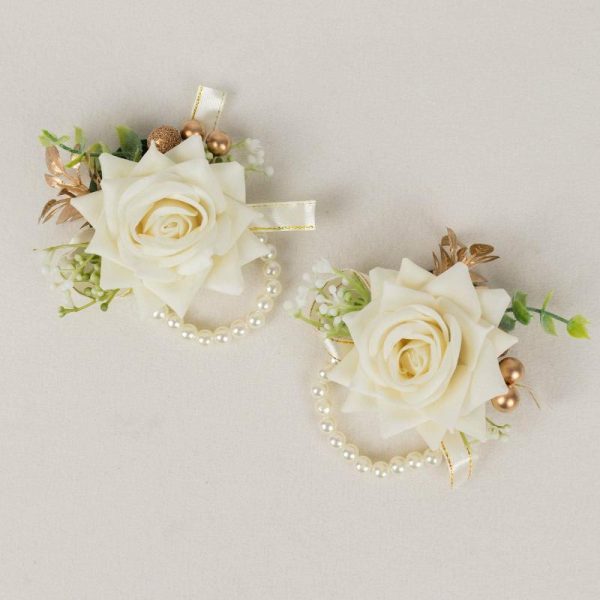 Accent Flowers |   2 Pack White Artificial Rose Wrist Corsages With Pearls, 4″ Flower Bracelet Wedding Accessories Accent Flowers Accent Flowers