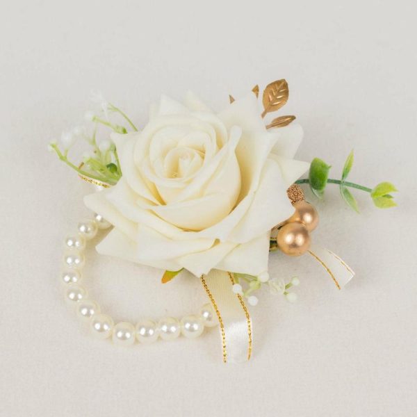 Accent Flowers |   2 Pack White Artificial Rose Wrist Corsages With Pearls, 4″ Flower Bracelet Wedding Accessories Accent Flowers Accent Flowers