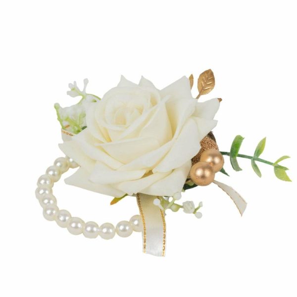 Accent Flowers |   2 Pack White Artificial Rose Wrist Corsages With Pearls, 4″ Flower Bracelet Wedding Accessories Accent Flowers Accent Flowers