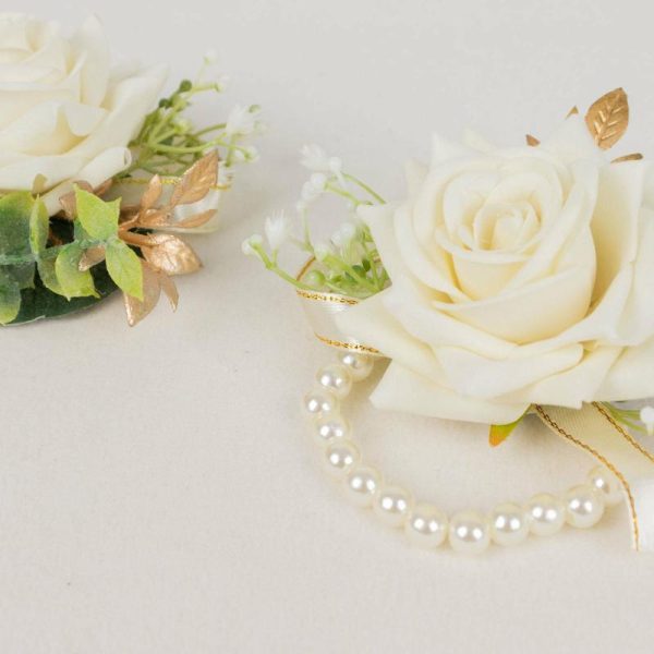 Accent Flowers |   2 Pack White Artificial Rose Wrist Corsages With Pearls, 4″ Flower Bracelet Wedding Accessories Accent Flowers Accent Flowers