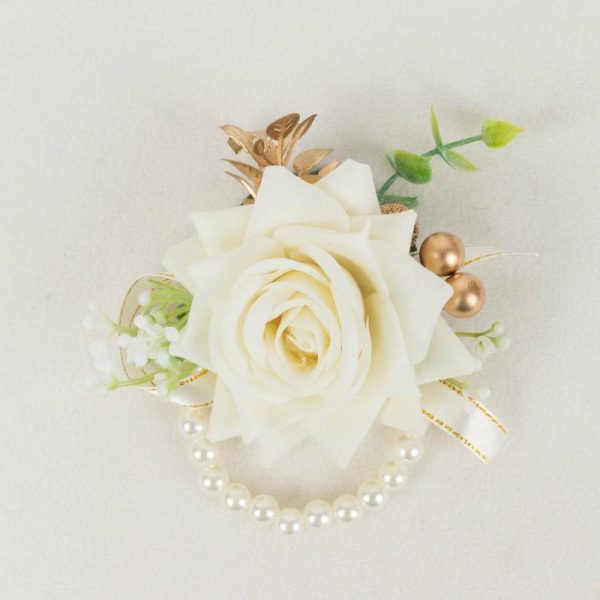 Accent Flowers |   2 Pack White Artificial Rose Wrist Corsages With Pearls, 4″ Flower Bracelet Wedding Accessories Accent Flowers Accent Flowers