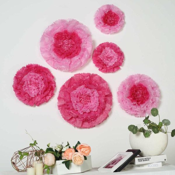 Accent Flowers |   Set of 6 Pink Fuchsia Carnation 3D Paper Flowers Wall Decor – 7″,9″,11″ Accent Flowers