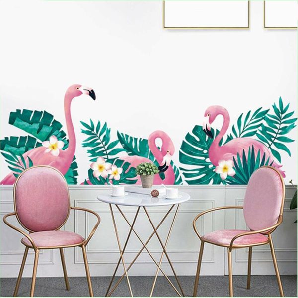 Accent Wall Décor |   Green Tropical Palm Leaves and Flamingo Wall Decals, Peel Removable Stickers Accent Wall Décor Accent Wall Décor