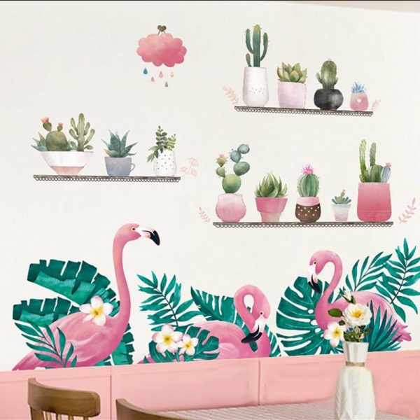 Accent Wall Décor |   Green Tropical Palm Leaves and Flamingo Wall Decals, Peel Removable Stickers Accent Wall Décor Accent Wall Décor