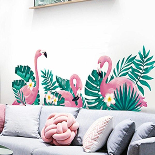 Accent Wall Décor |   Green Tropical Palm Leaves and Flamingo Wall Decals, Peel Removable Stickers Accent Wall Décor Accent Wall Décor