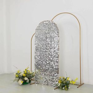 Arch Covers |   6ft Sparkly Silver Big Payette Sequin Fitted Wedding Arch Cover for Round Top Chiara Backdrop Stand Arch Covers Arch Covers