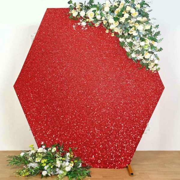 Arch Covers |   8ftx7ft Red Metallic Shimmer Tinsel Spandex Hexagon Wedding Arbor Cover, 2-Sided Backdrop Arch Covers Arch Covers