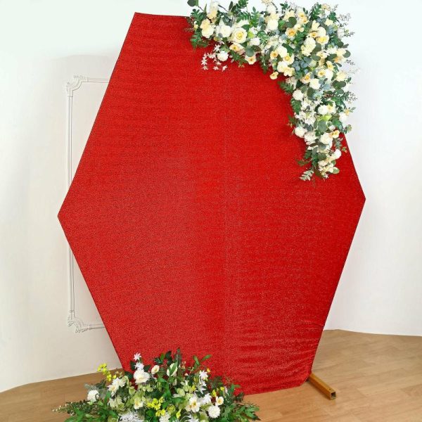 Arch Covers |   8ftx7ft Red Metallic Shimmer Tinsel Spandex Hexagon Wedding Arbor Cover, 2-Sided Backdrop Arch Covers Arch Covers