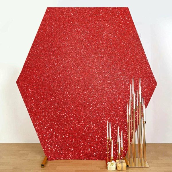 Arch Covers |   8ftx7ft Red Metallic Shimmer Tinsel Spandex Hexagon Wedding Arbor Cover, 2-Sided Backdrop Arch Covers Arch Covers