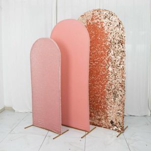 Arch Covers |   Set of 3 Rose Gold Round Top Fitted Wedding Arch Frame Covers, Big Payette Sequin, Shimmer Tinsel and Matte Spandex Backdrop Stand Covers Arch Covers Arch Covers