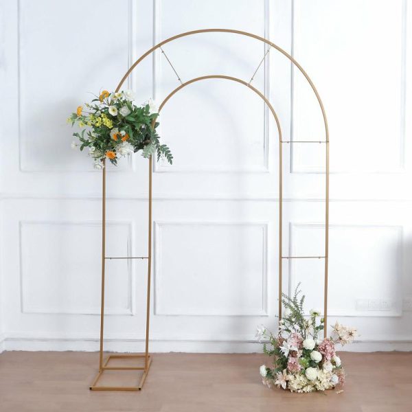 Arches & Arbors |   8ft Tall Gold Metal Round Top Double Arch Wedding Arbor Ceremony Stand, Flower Balloon Frame Backdrop Stand Arches & Arbors Arches & Arbors