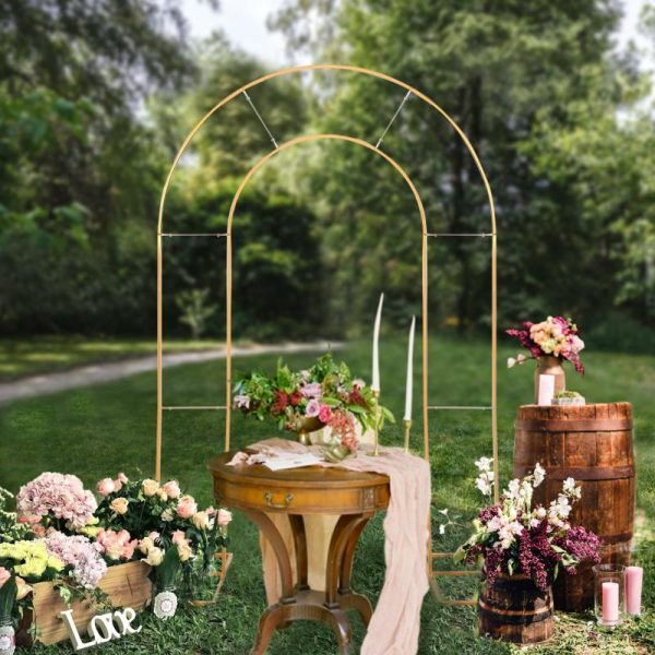 Arches & Arbors |   8ft Tall Gold Metal Round Top Double Arch Wedding Arbor Ceremony Stand, Flower Balloon Frame Backdrop Stand Arches & Arbors Arches & Arbors