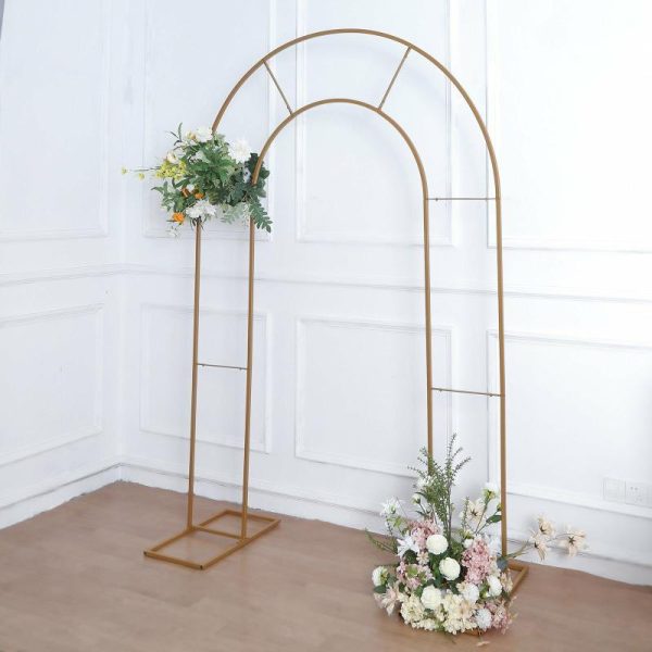 Arches & Arbors |   8ft Tall Gold Metal Round Top Double Arch Wedding Arbor Ceremony Stand, Flower Balloon Frame Backdrop Stand Arches & Arbors Arches & Arbors