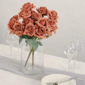 Artificial Rose |   2 Bouquets 17″ Terracotta (Rust) Real Touch Artificial Silk Rose Flower Bushes Artificial Flowers & Greens Artificial Rose