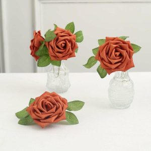 Artificial Rose |   24 Roses 5″ Terracotta (Rust) Artificial Foam Flowers With Stem Wire and Leaves Artificial Flowers & Greens Artificial Rose