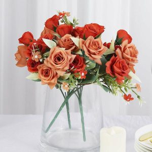 Artificial Rose |   4 Bushes 12″ Terracotta (Rust) Real Touch Artificial Silk Rose Flower Bouquet, Faux Bridal Flowers Artificial Flowers & Greens Artificial Rose