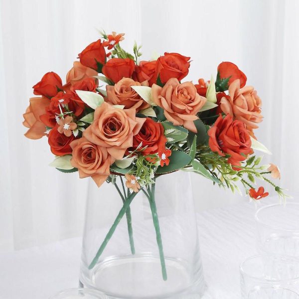 Artificial Rose |   4 Bushes 12″ Terracotta (Rust) Real Touch Artificial Silk Rose Flower Bouquet, Faux Bridal Flowers Artificial Flowers & Greens Artificial Rose