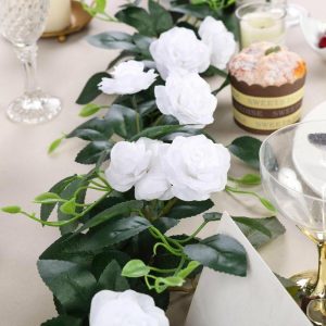 Artificial Rose |   6ft 20 White Artificial Silk Roses Flower Garland, Hanging Vine Artificial Flowers & Greens Artificial Rose