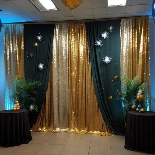 Backdrop Curtains |   2 Pack Gold Sequin Event Curtain Drapes with Rod Pockets, Seamless Backdrop Event Panels – 8ftx2ft Backdrop Curtains Backdrop Curtains