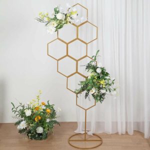 Backdrop Stand |   6ft Gold Metal Honeycomb Wedding Flower Frame Backdrop Stand, Floor Standing Balloon Display Arch Backdrop Stand Backdrop Stand