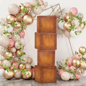 Balloons |   4 Pack Wood Grain Brown Boho Design DIY Prop Balloon Boxes, Gender Neutral Baby Shower Party Decorations Balloons Balloons