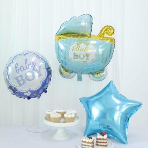 Balloons |   Set of 5 Blue White Boy Baby Shower Mylar Foil Balloon Set, Star, Round and Baby Carriage Balloon Bouquet With Ribbon, Gender Reveal Party Decorations Balloons Balloons