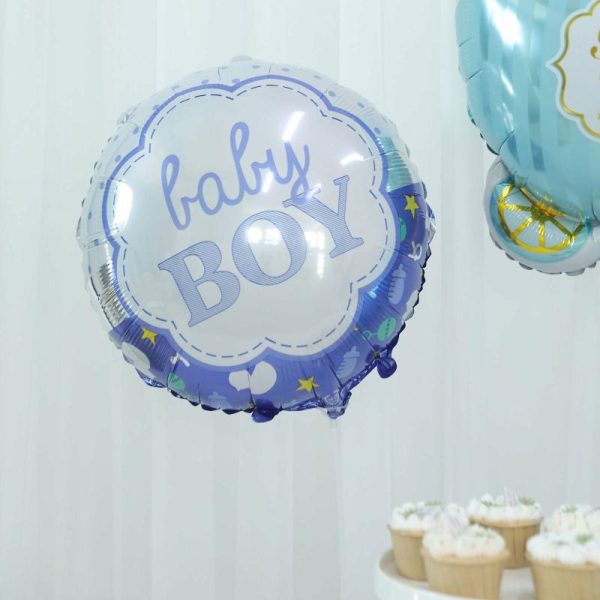 Balloons |   Set of 5 Blue White Boy Baby Shower Mylar Foil Balloon Set, Star, Round and Baby Carriage Balloon Bouquet With Ribbon, Gender Reveal Party Decorations Balloons Balloons