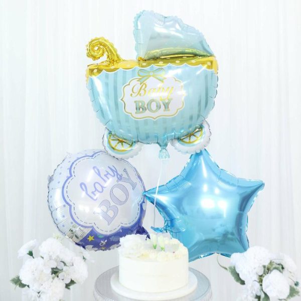 Balloons |   Set of 5 Blue White Boy Baby Shower Mylar Foil Balloon Set, Star, Round and Baby Carriage Balloon Bouquet With Ribbon, Gender Reveal Party Decorations Balloons Balloons