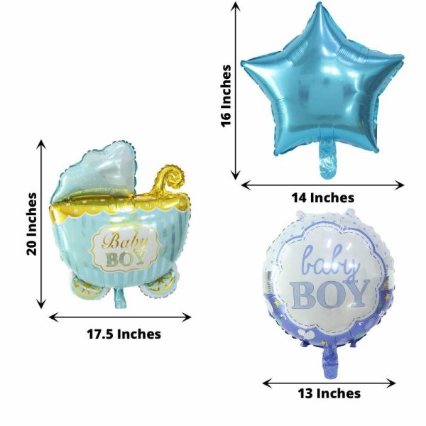 Balloons |   Set of 5 Blue White Boy Baby Shower Mylar Foil Balloon Set, Star, Round and Baby Carriage Balloon Bouquet With Ribbon, Gender Reveal Party Decorations Balloons Balloons