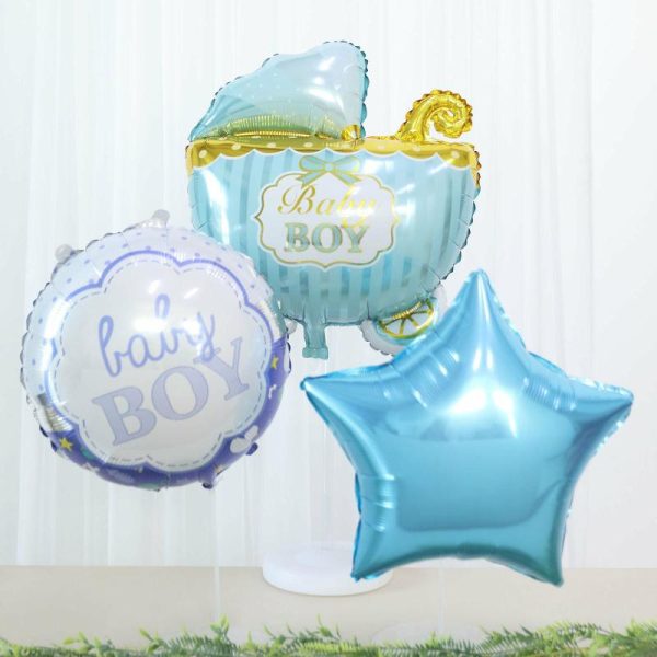 Balloons |   Set of 5 Blue White Boy Baby Shower Mylar Foil Balloon Set, Star, Round and Baby Carriage Balloon Bouquet With Ribbon, Gender Reveal Party Decorations Balloons Balloons