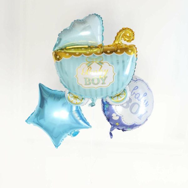 Balloons |   Set of 5 Blue White Boy Baby Shower Mylar Foil Balloon Set, Star, Round and Baby Carriage Balloon Bouquet With Ribbon, Gender Reveal Party Decorations Balloons Balloons