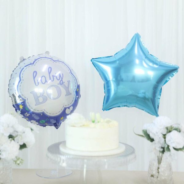 Balloons |   Set of 5 Blue White Boy Baby Shower Mylar Foil Balloon Set, Star, Round and Baby Carriage Balloon Bouquet With Ribbon, Gender Reveal Party Decorations Balloons Balloons