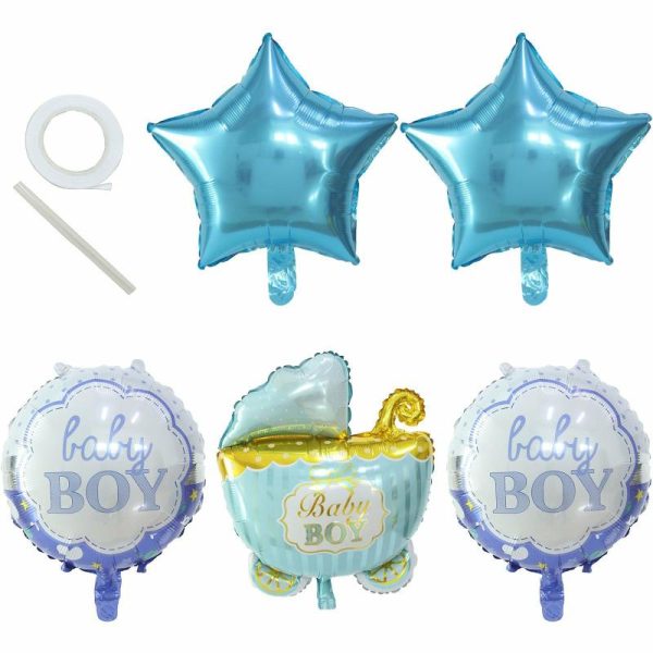 Balloons |   Set of 5 Blue White Boy Baby Shower Mylar Foil Balloon Set, Star, Round and Baby Carriage Balloon Bouquet With Ribbon, Gender Reveal Party Decorations Balloons Balloons