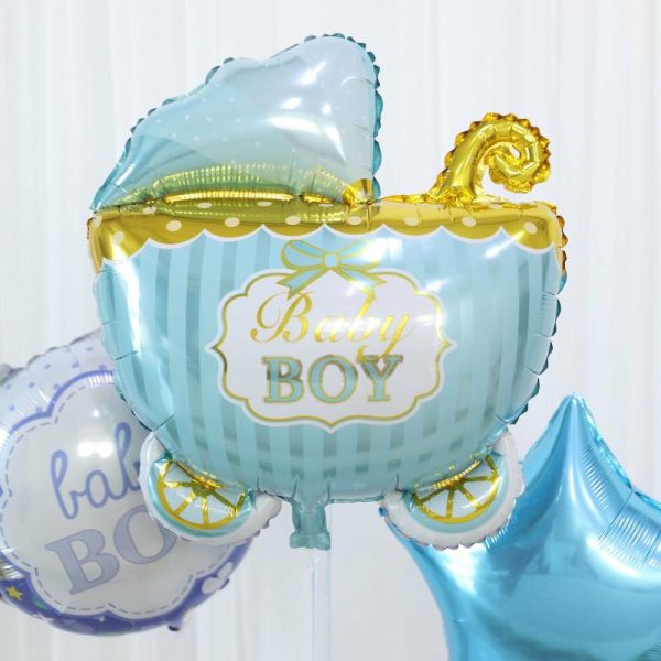 Balloons |   Set of 5 Blue White Boy Baby Shower Mylar Foil Balloon Set, Star, Round and Baby Carriage Balloon Bouquet With Ribbon, Gender Reveal Party Decorations Balloons Balloons