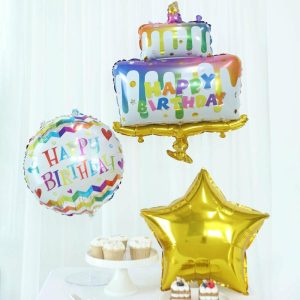 Balloons |   Set of 5 Colorful Happy Birthday Cake Mylar Foil Balloon Set, Round and Gold Star Balloon Bouquet With Ribbon, Birthday Party Decorations Balloons Balloons