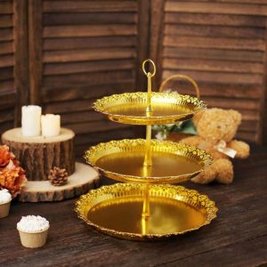 Cake Decorating Supplies |   15″ Metallic Gold 3-Tier Round Plastic Cupcake Stand With Lace Cut Scalloped Edges, Decorative Dessert Serving Tray Tower Cake Decorating Supplies Cake Decorating Supplies