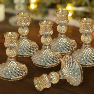 Candelabra & Candle Holders |   6 Pack 4″ Amber Gold Glass Diamond Pattern Pillar Votive Candle Stands, Reversible Crystal Taper Candlestick Holders Candelabra & Candle Holders Amber