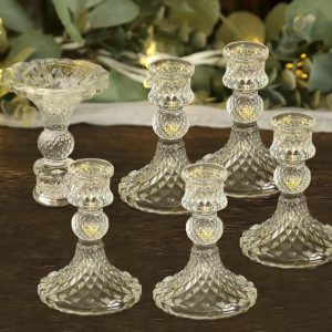 Candelabra & Candle Holders |   6 Pack 4″ Clear Glass Diamond Pattern Taper Candlestick Holders, Reversible Crystal Pillar Votive Candle Stands Chargers & Centerpieces Candelabra & Candle Holders